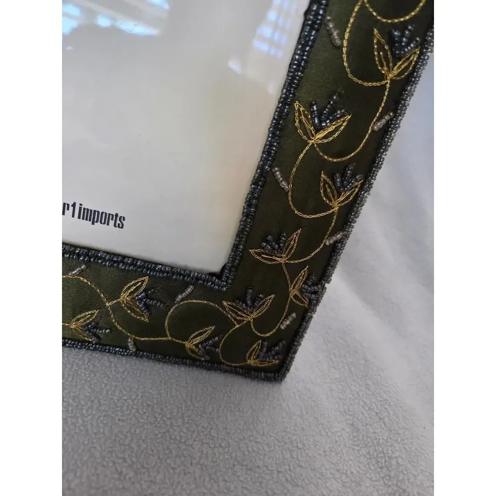 Pier 1 Imports Green Picture Frame Satin Beaded  Embroidered 5x7
